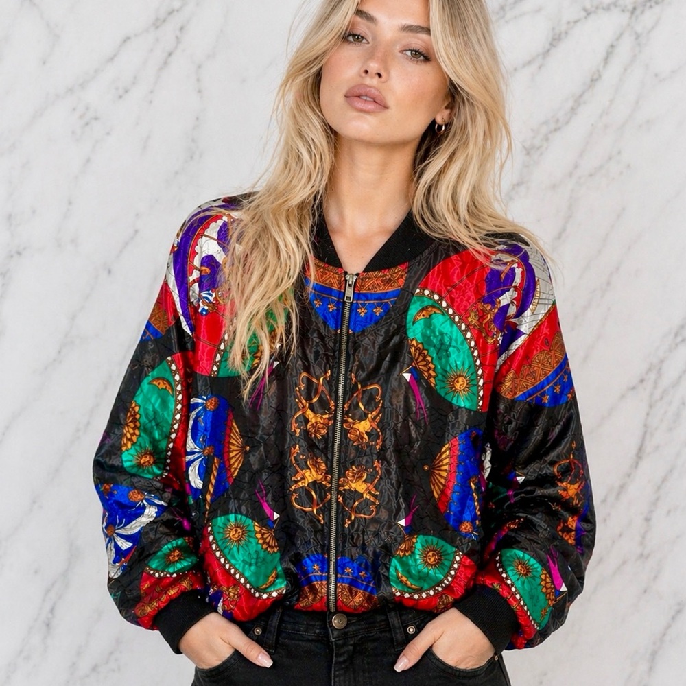 Vintage 80's Colorful Bomber Jacket Balloons Print Large